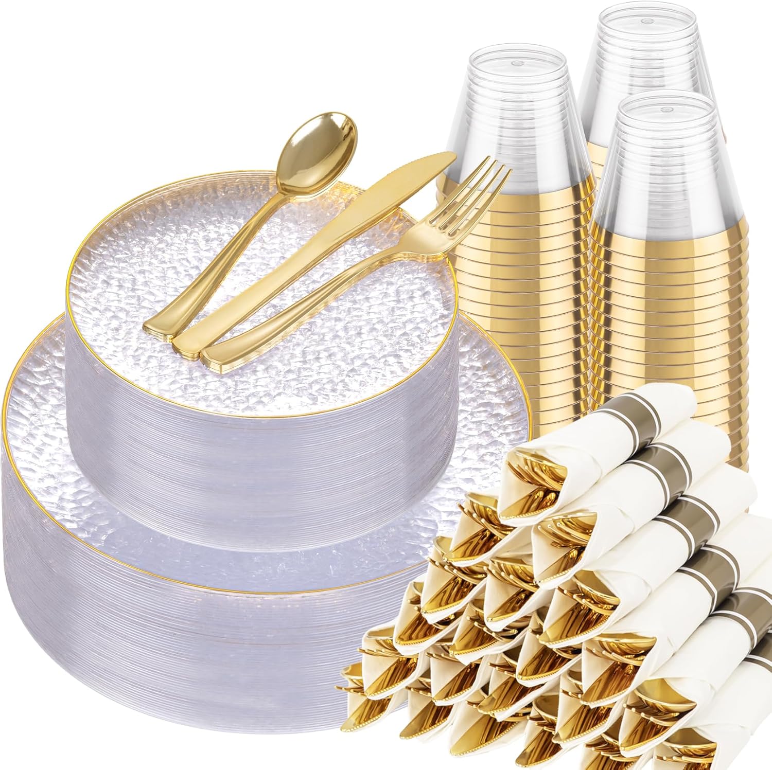 Elegant Clear Gold Plastic Plates Set for Weddings and Parties