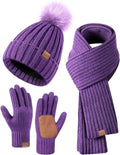 Winter Beanie Hat Scarf Gloves Set for Women with Pom Pom