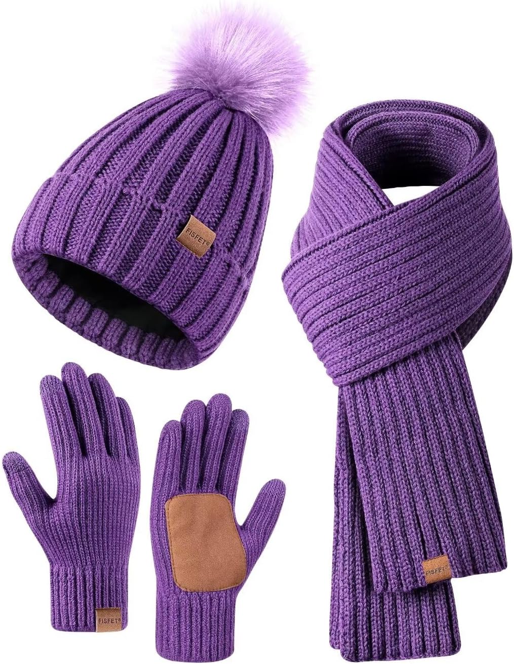 Winter Beanie Hat Scarf Gloves Set for Women with Pom Pom