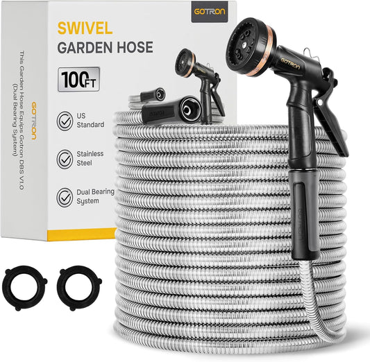 Gotron 100 ft Heavy Duty Metal Garden Hose with 9 Function Nozzle