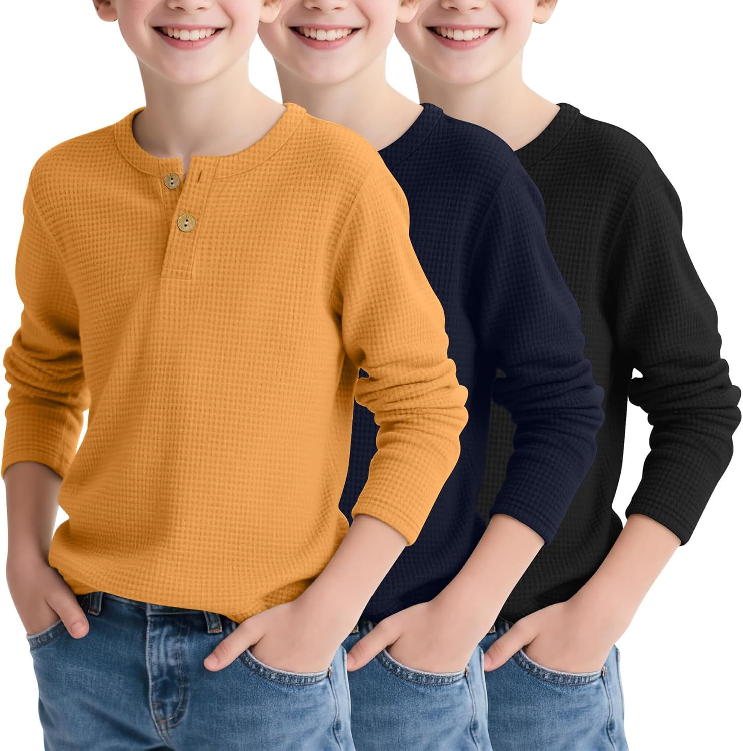 Boy's Henley Long Sleeve Shirts for School - 3 Pack Waffle Tops