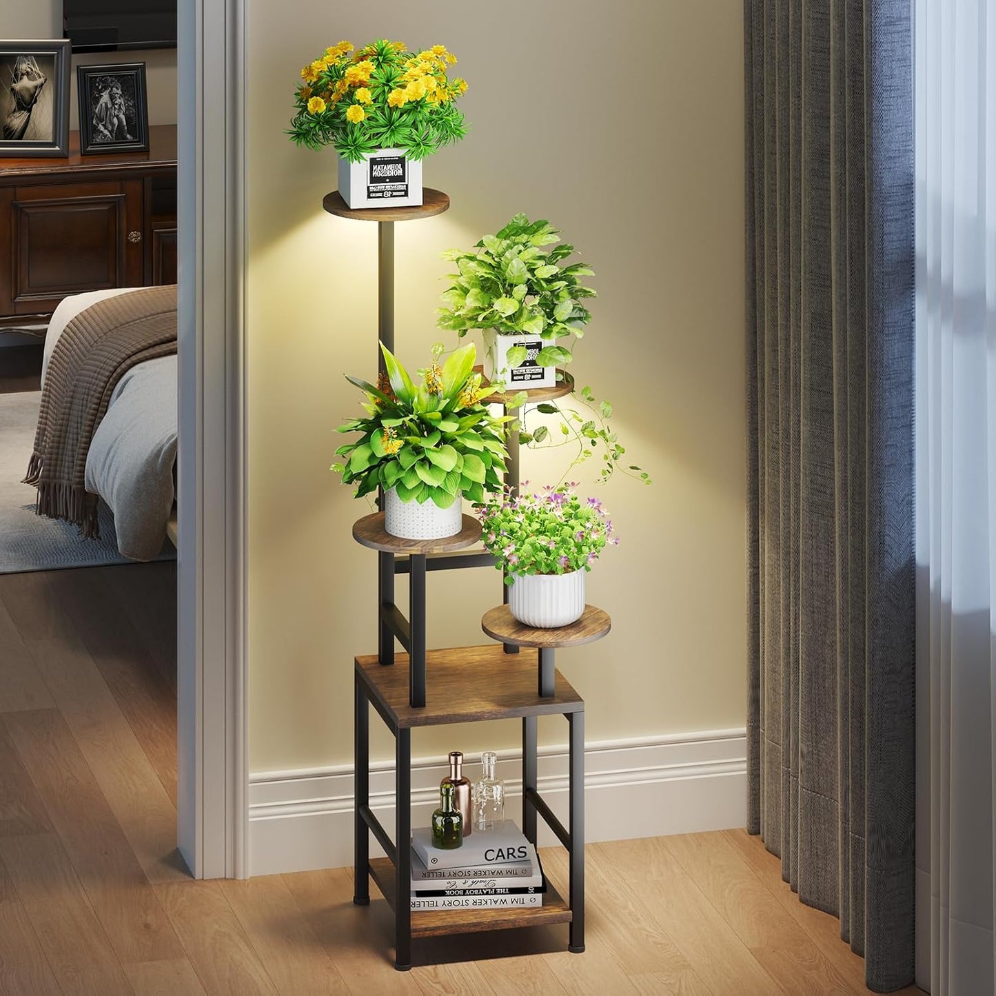 Round Plant Stand Indoor with Adjustable Grow Light for Plants