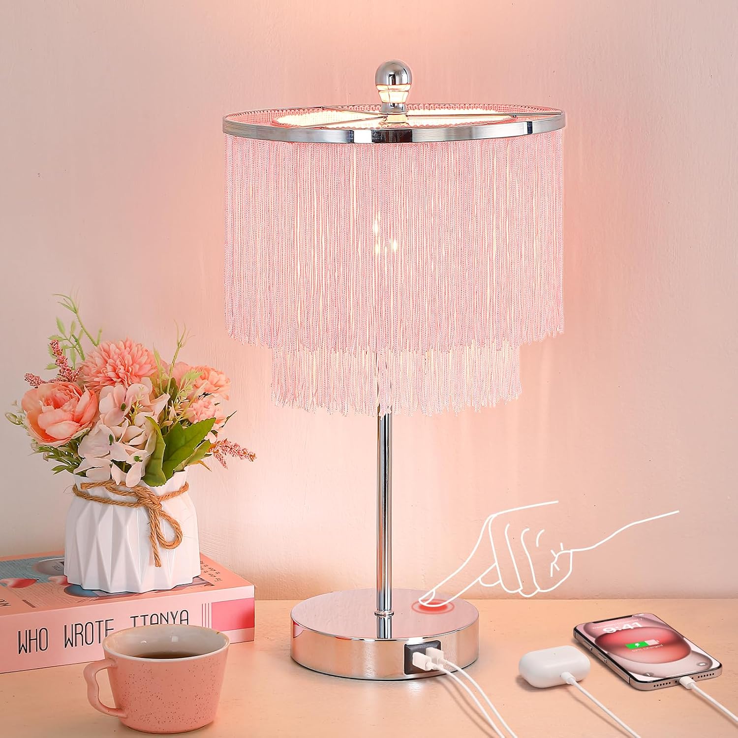 Pink Lamp for Girls Room with USB Port and Dimmable Touch Control