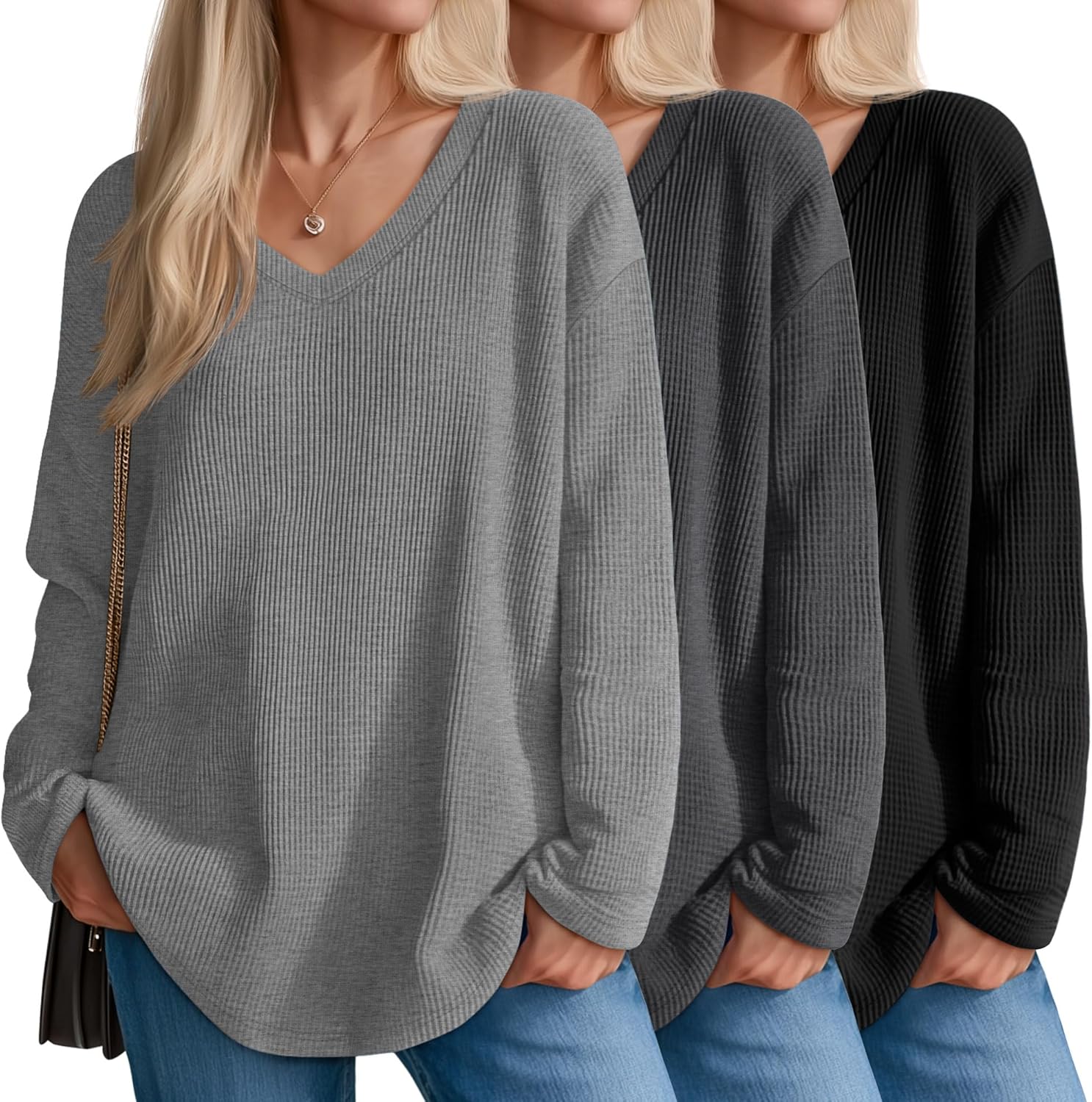 3 Pack Women's Oversized Waffle Knit Shirts for Casual Style