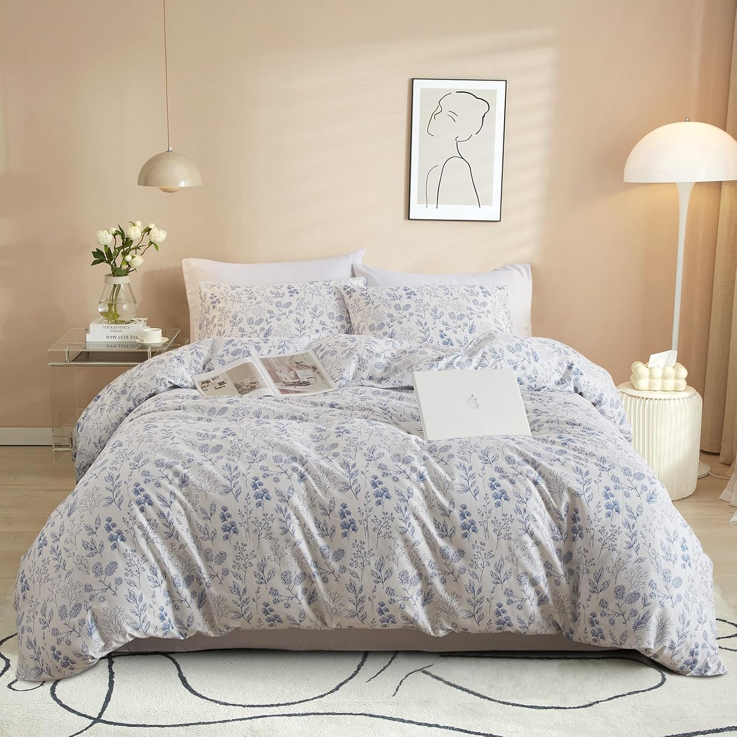 VM VOUGEMARKET Blue Floral Duvet Cover Set for Full Size Beds