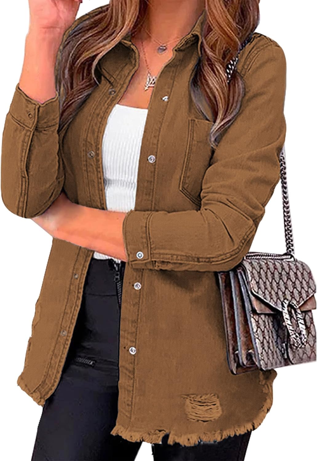 Luvamia Womens Denim Jacket Distressed Button Down Jean Shirt