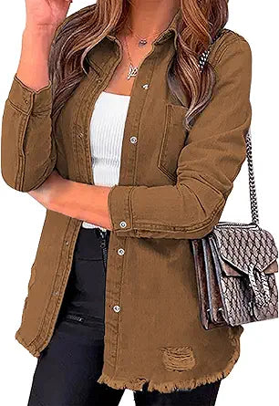 Luvamia Womens Denim Jacket Distressed Button Down Jean Shirt