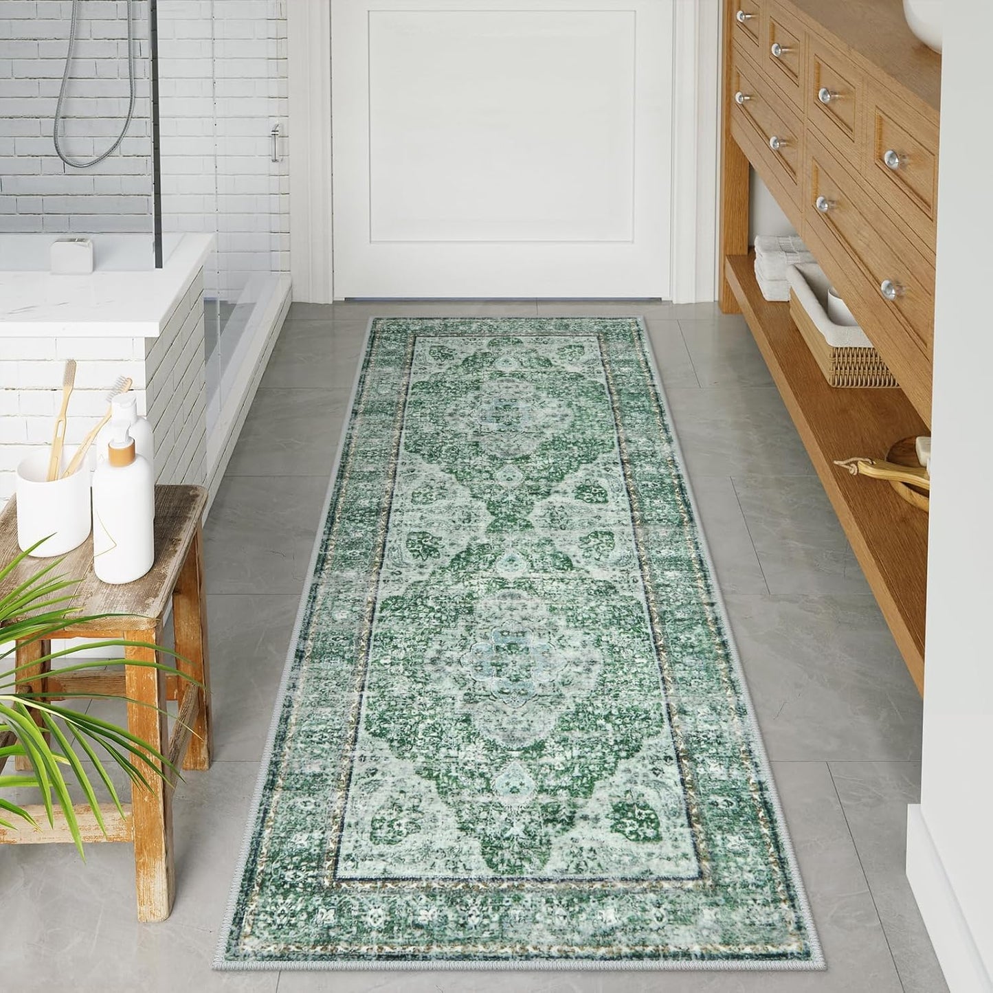 Uphome Bathroom Runner - Distressed Tribal Green Mat 24x59 in