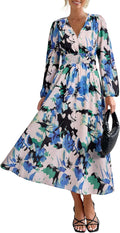 Women's Floral Midi V Neck Dress - Flowy Boho A-Line Midi