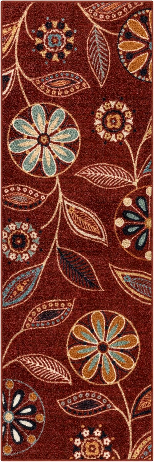 Maples Rugs Reggie Floral Runner Rug - Washable Non Slip Design