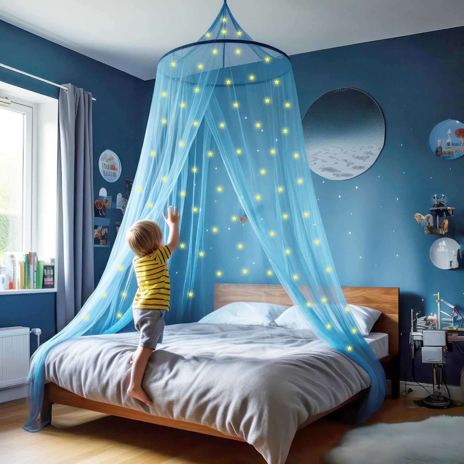 Blue Canopy for Girls Bed with Glow in The Dark Stars Decor