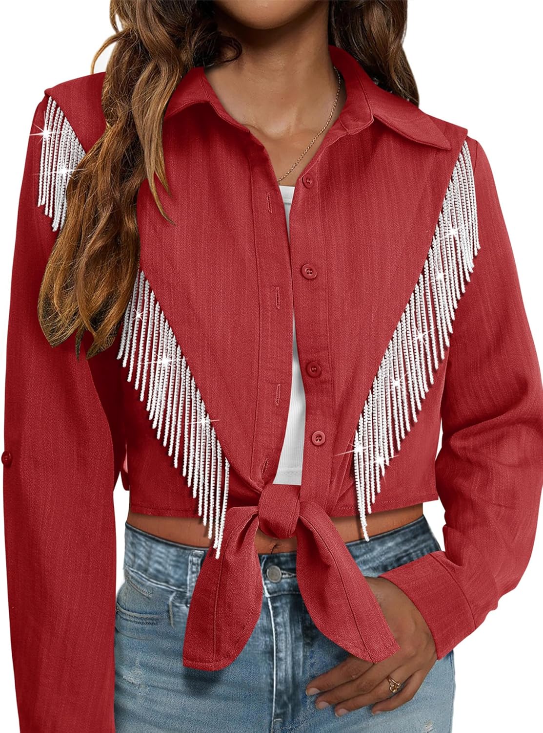 MYMORE Womens Sparkly Fringe Cropped Button Down Shirt for Cowgirls