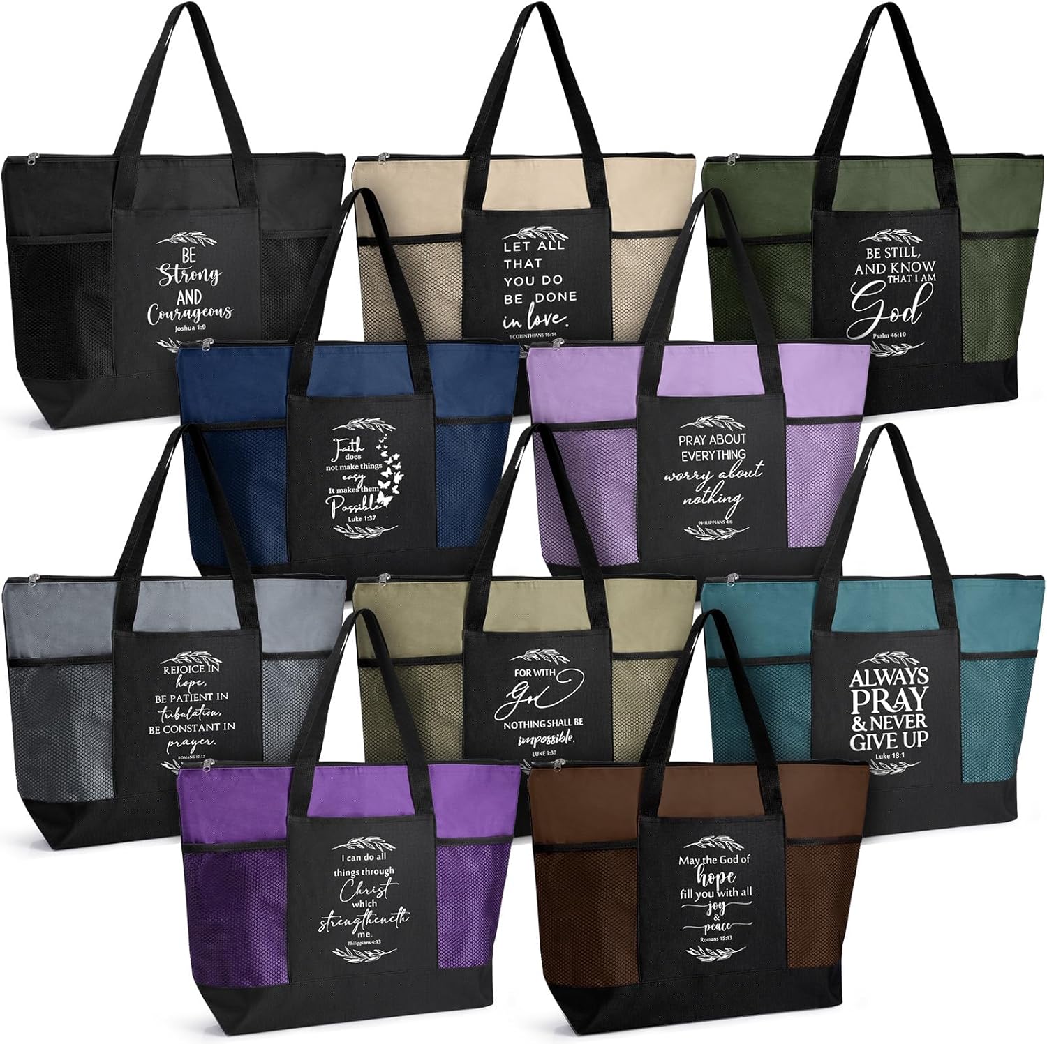 Paterr 10 Pcs Christian Tote Bags with Pocket Zipper for Women