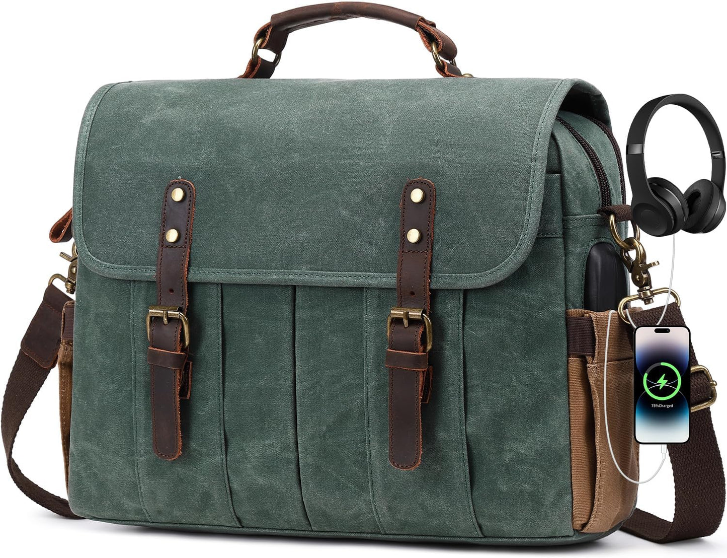 Vintage Mens Messenger Bag 15.6in Waterproof Leather Satchel