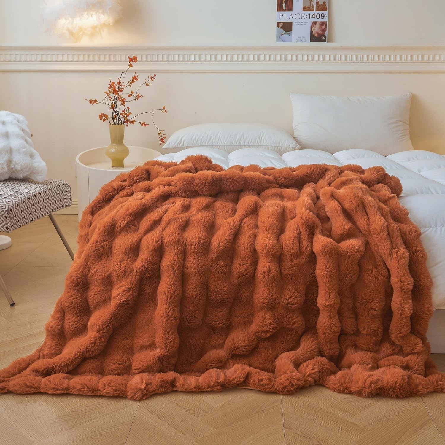 LIFEREVO Fluffy Faux Rabbit Fur Bubble Blanket for Cozy Comfort