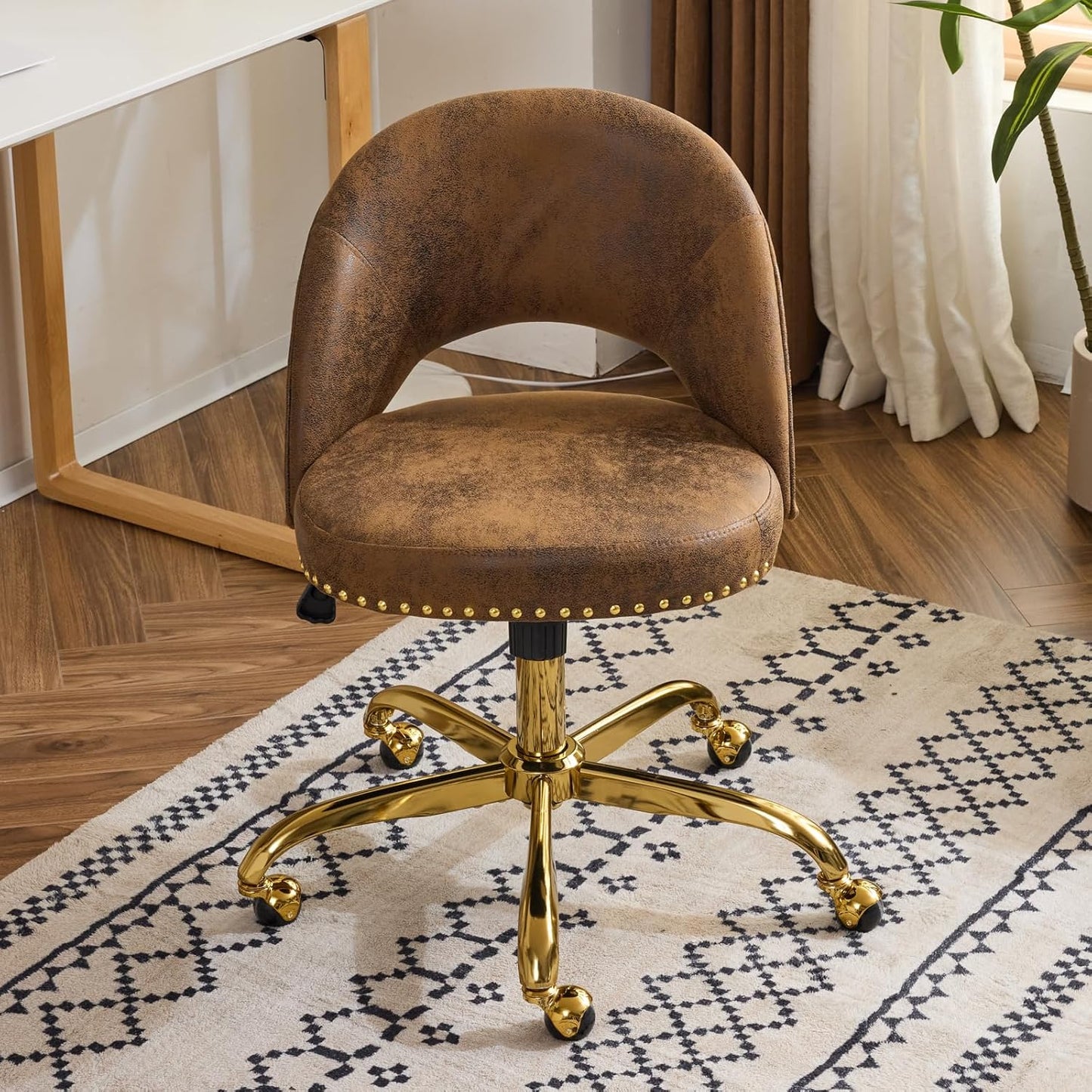 VINGLI Modern Velvet Small Office Chair with Gold Base and Wheels