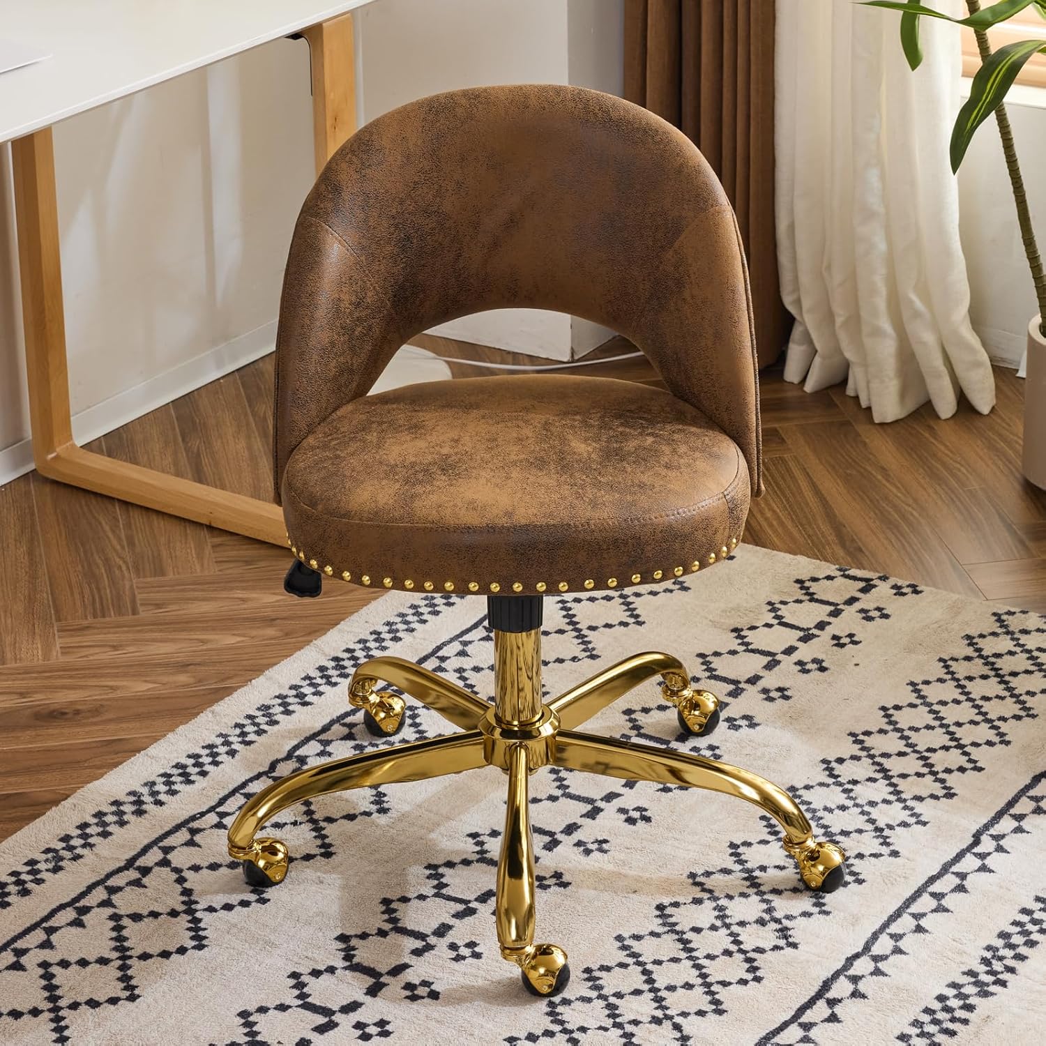 VINGLI Modern Velvet Small Office Chair with Gold Base and Wheels