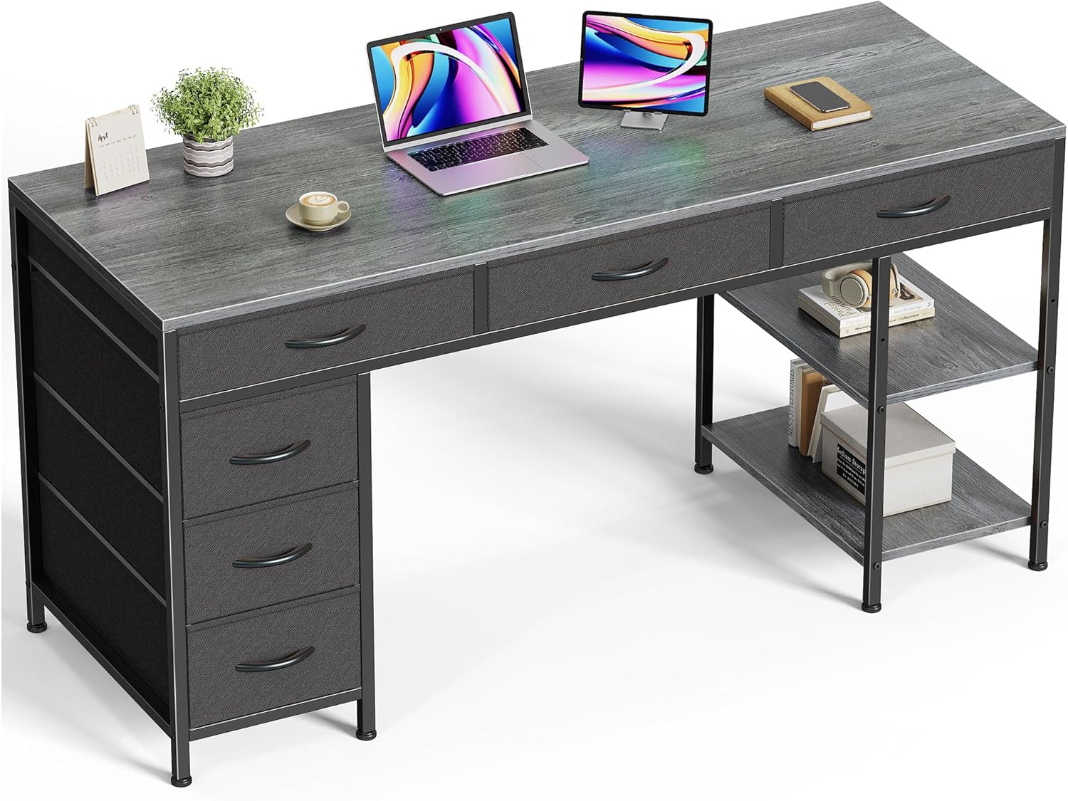 Spacious 6-Drawer Gaming Desk with Shelves - Huuger