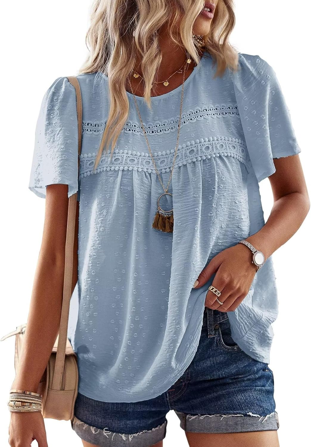 Womens Summer Tops Crewneck Short Sleeve Casual Chiffon Blouses