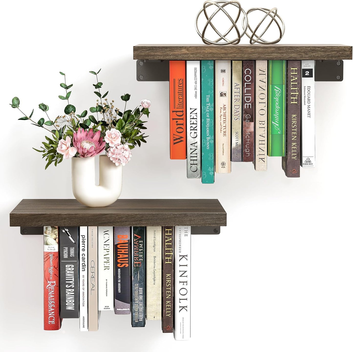 Floating Bookshelf Set with Load-Bear Brackets for Wall Decor