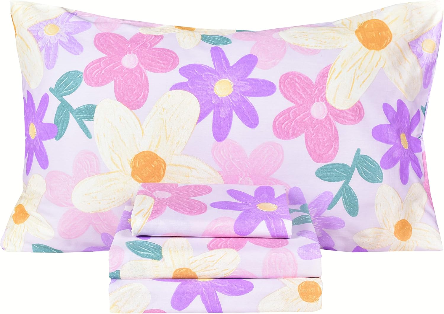 100% Cotton Full Bed Sheet Set for Kids with Purple Flower Design