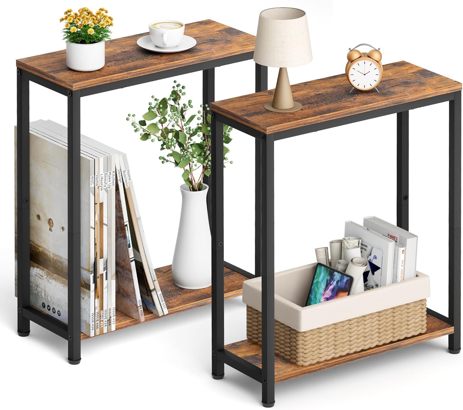 Narrow End Tables Set of 2 for Small Spaces - Rustic Brown