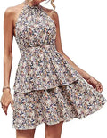 Boho Floral Halter Sundress - Lightweight Tiered Ruffle Mini Dress