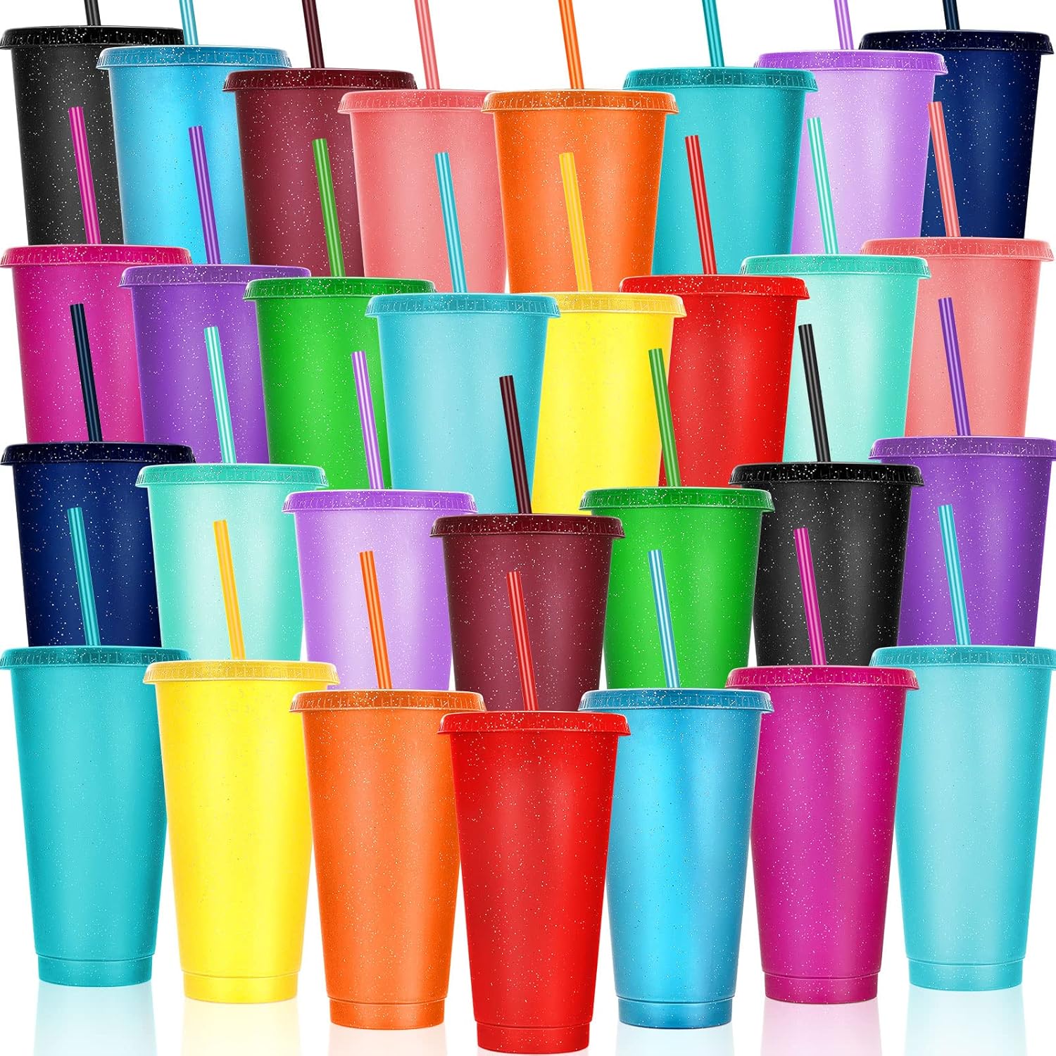 Vivid Color Glitter Plastic Cups with Straw and Lid - 30 Pack