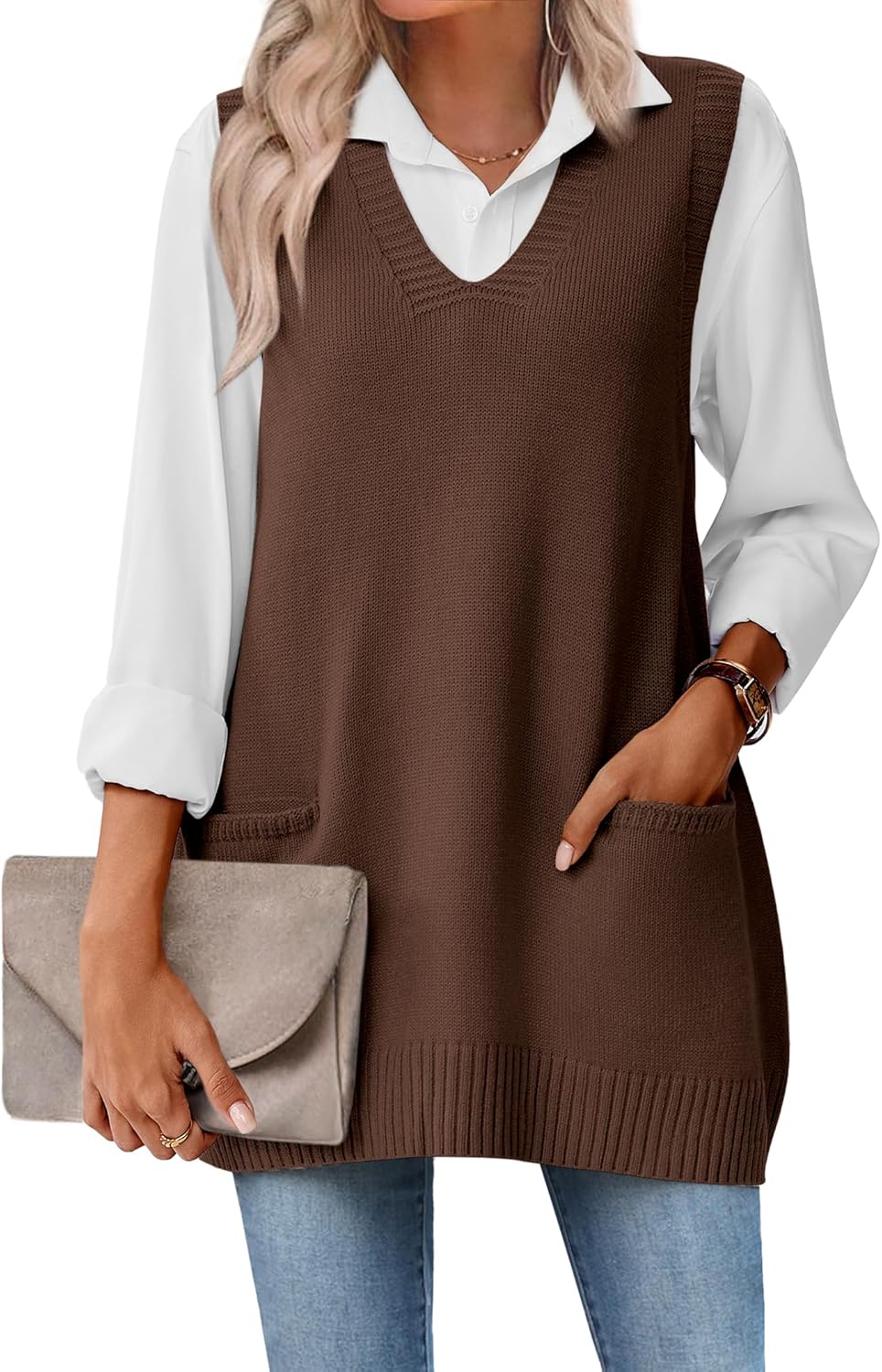 Zeagoo Women's Sweater Vest 2025 Oversized V Neck with Pocket