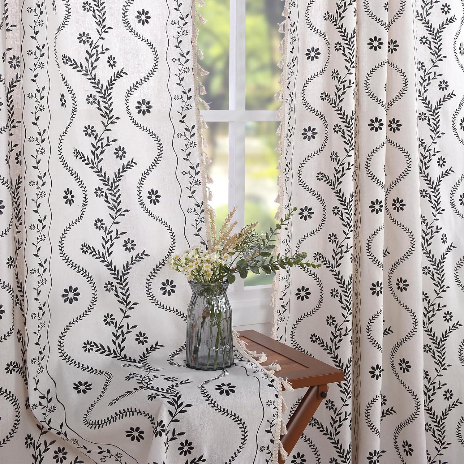 Boho Curtains 2 Panels Set for Living Room with Floral Design