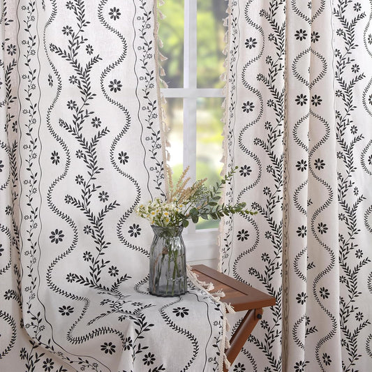 Boho Curtains 2 Panels Set for Living Room with Floral Design