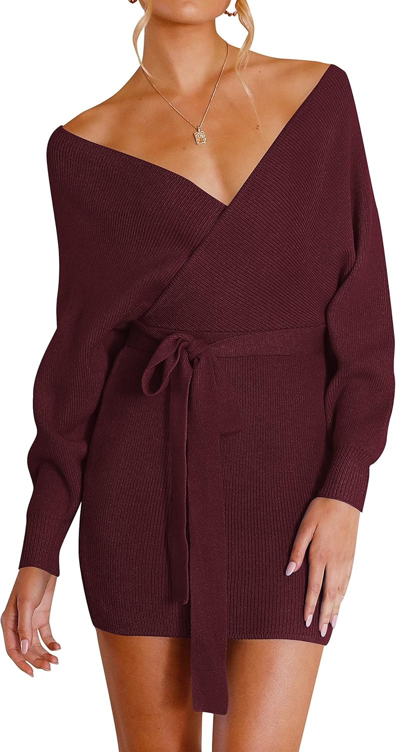 ZESICA Women's Fall Long Batwing Sleeve Wrap V Neck Dress