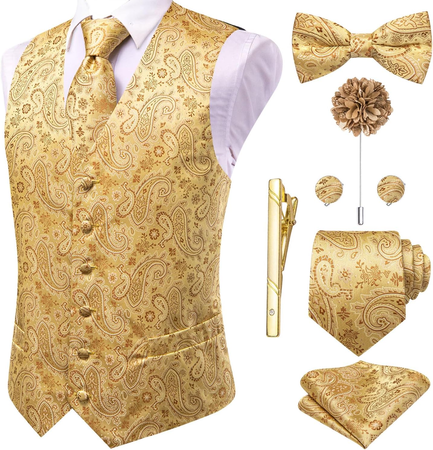 Hi-Tie Silk Mens Suit Vest Set with Tie and Bowtie for Weddings