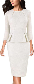 Womens Pleated Crew Neck Peplum Work Dress - Figure Flattering Fit