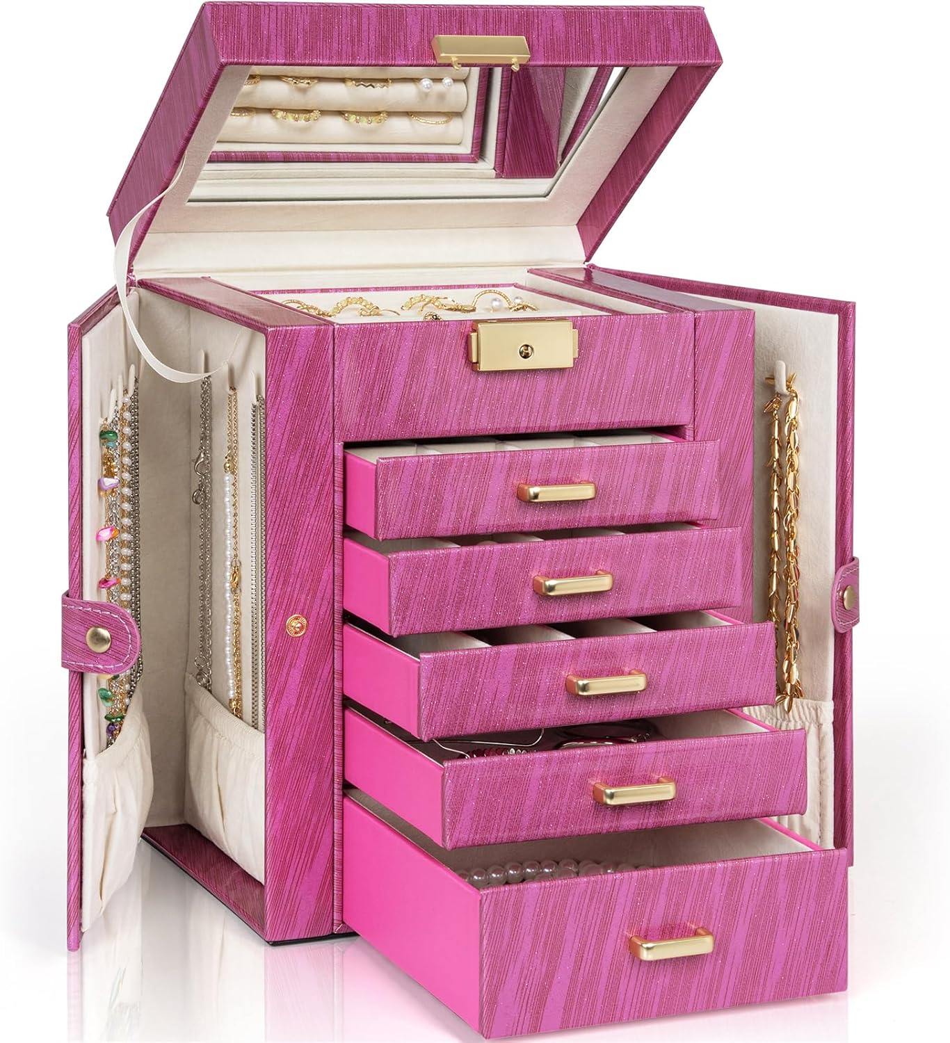 6-Tier Jewelry Box Lockable Leather Storage Case for Women