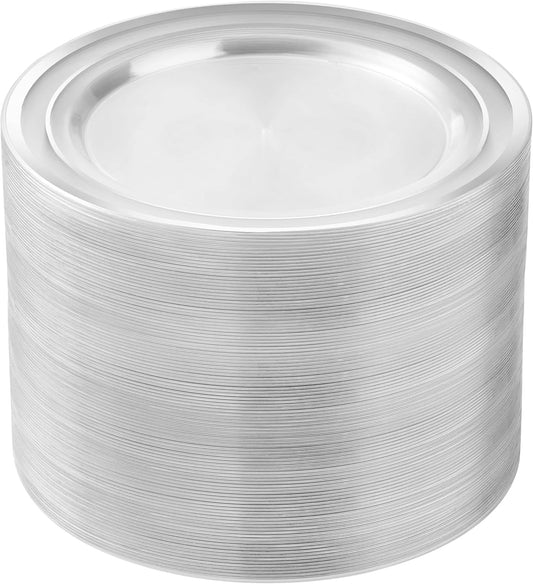 100PCS Clear Plastic Plates for Party with Silver Rim Design