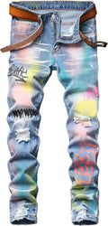 Enrica Men's Casual Printed Jeans Skinny Denim Pants - Versatile