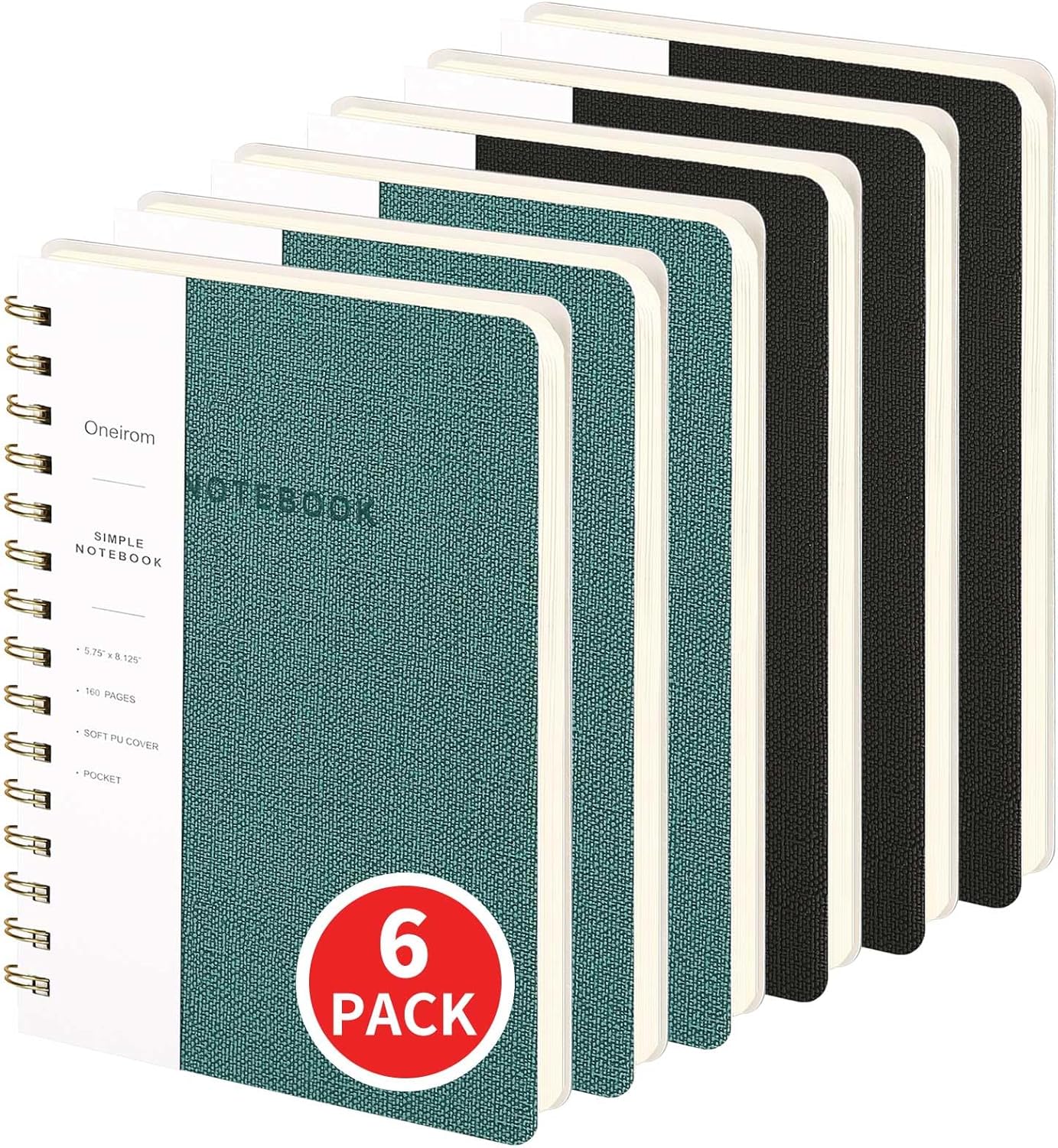 Lined Spiral Notebook for Note Taking - 6 Pack of A5 Journals
