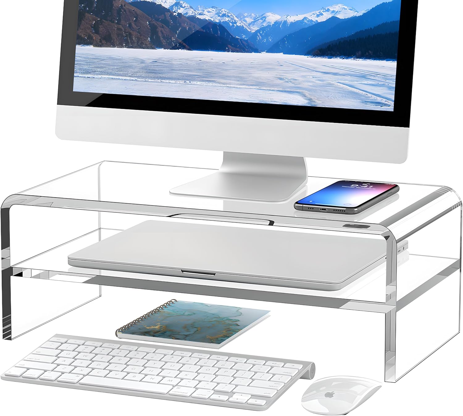 Clear Acrylic Monitor Stand - Space-Saving 2 Tier Riser
