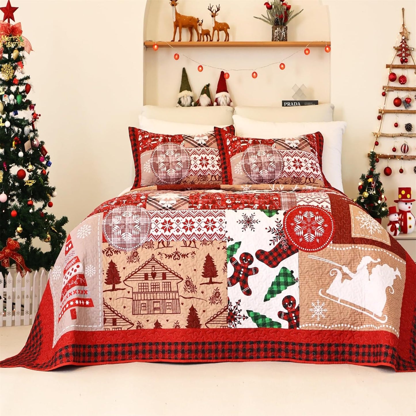 Christmas Quilt Bedding Set Queen Size with Santa Claus Pattern
