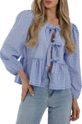 Women's Babydoll Peplum Bow Tie Blouse - Cute Y2K Puff Sleeve Top