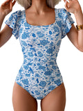 Tummy Control One Piece Swimsuit Ruffle Square Neck - Slimming