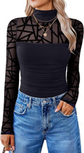 Women Long Sleeve Turtle Neck Bodysuit - Sheer Mesh Shapewear