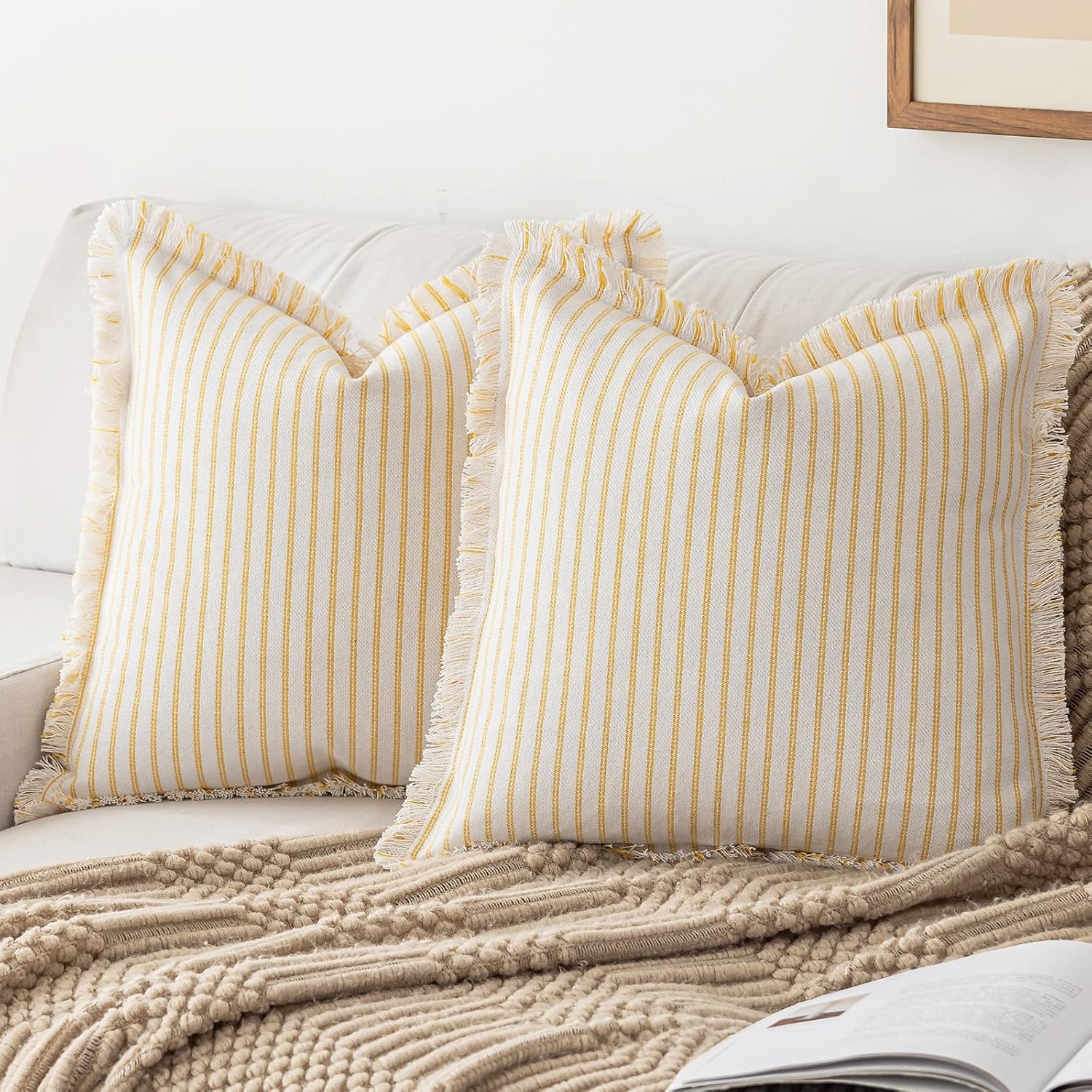 Throw Pillow Covers 24x24 Set of 2 with Striped Fringe Design