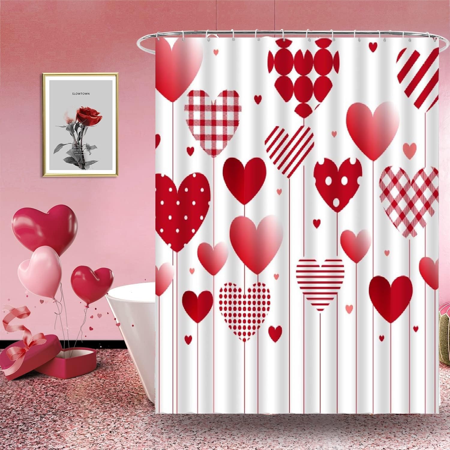 Love-filled Red Hearts Bathroom Curtain | ZKJSMGS