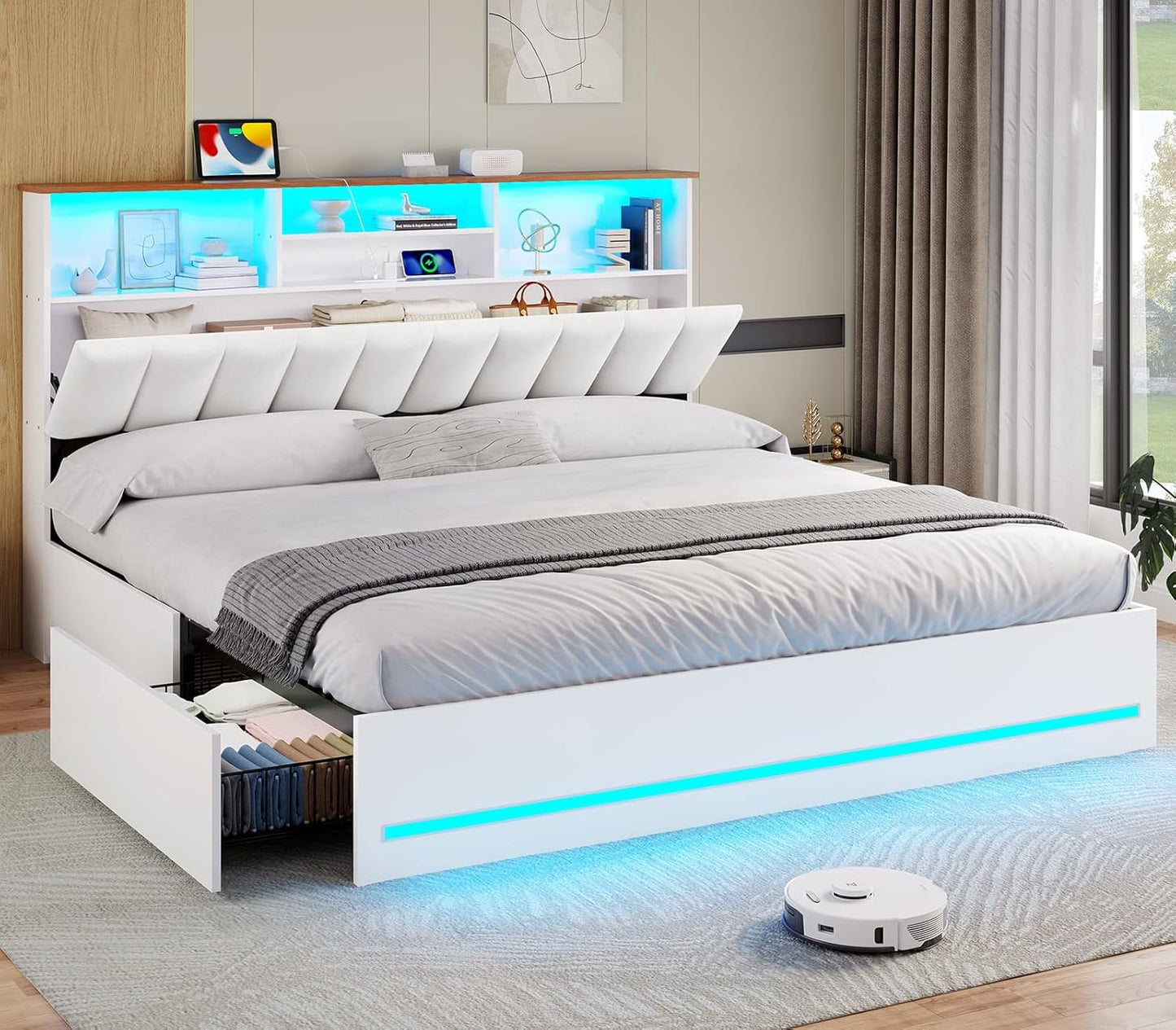 VIAGDO King Size Bed Frame with Bookcase Headboard and LED Lights