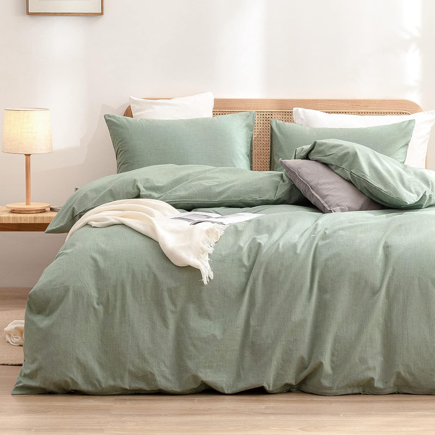 BESTOUCH Duvet Cover Set 100% Washed Cotton Chic Green King
