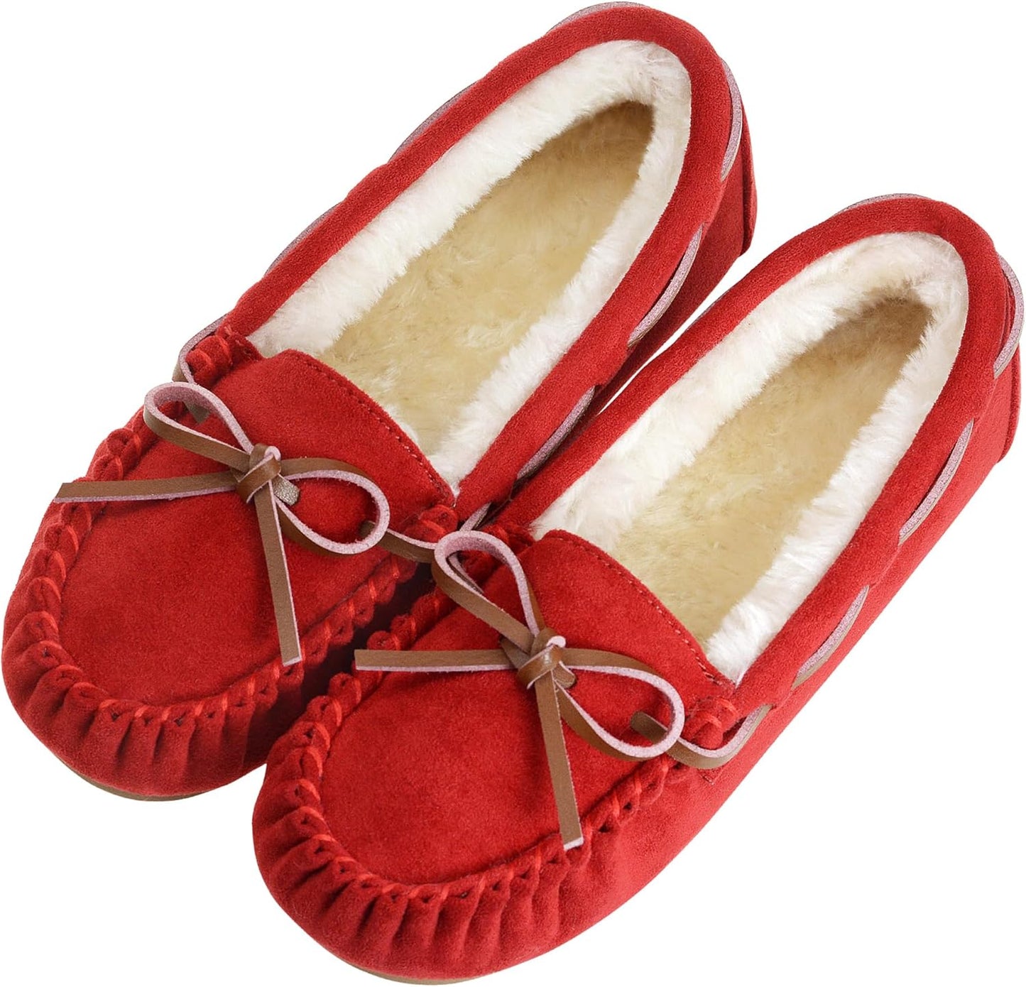 Vonaire Women's Moccasin Slippers with Faux Fur and Bow Design