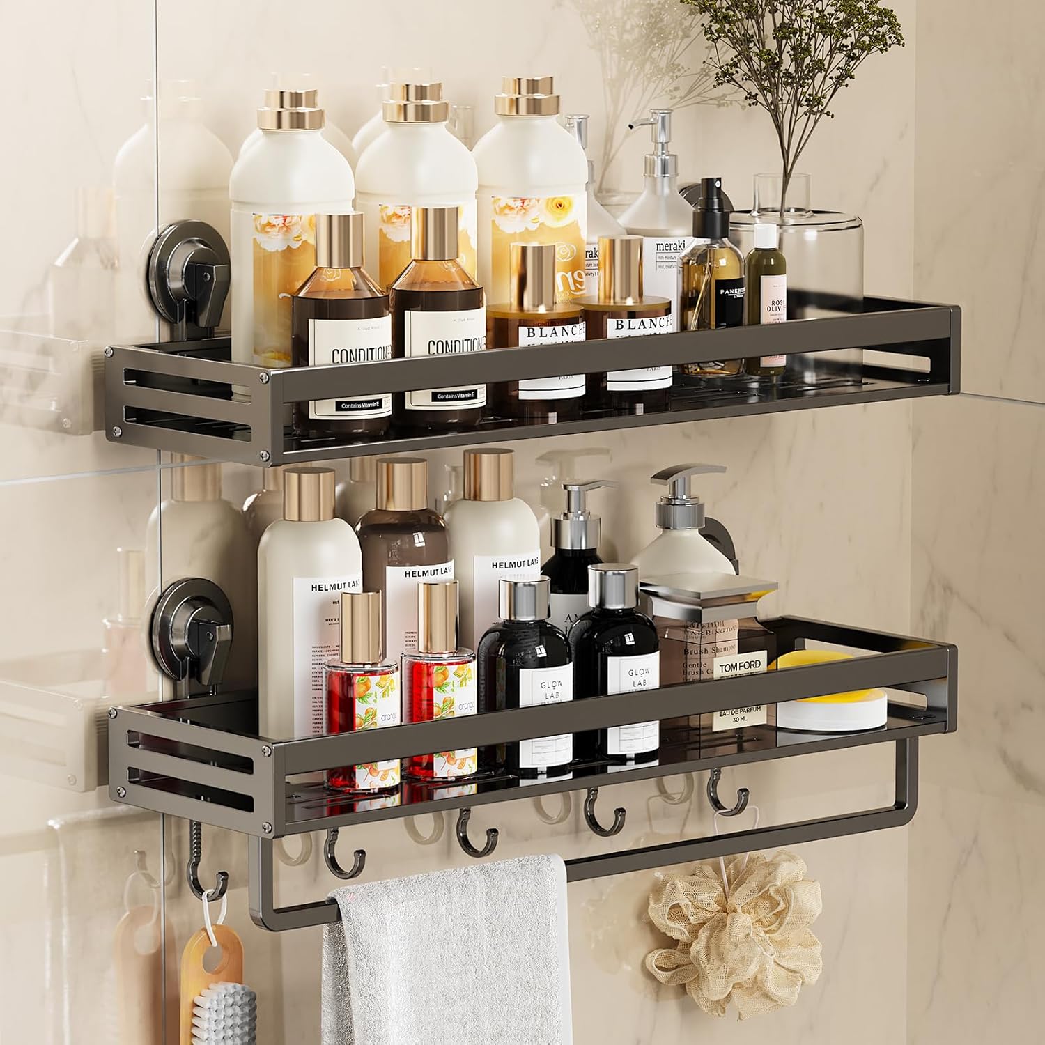 Suction Cup Shower Caddy 2 Pack with Hooks for Bathroom Storage