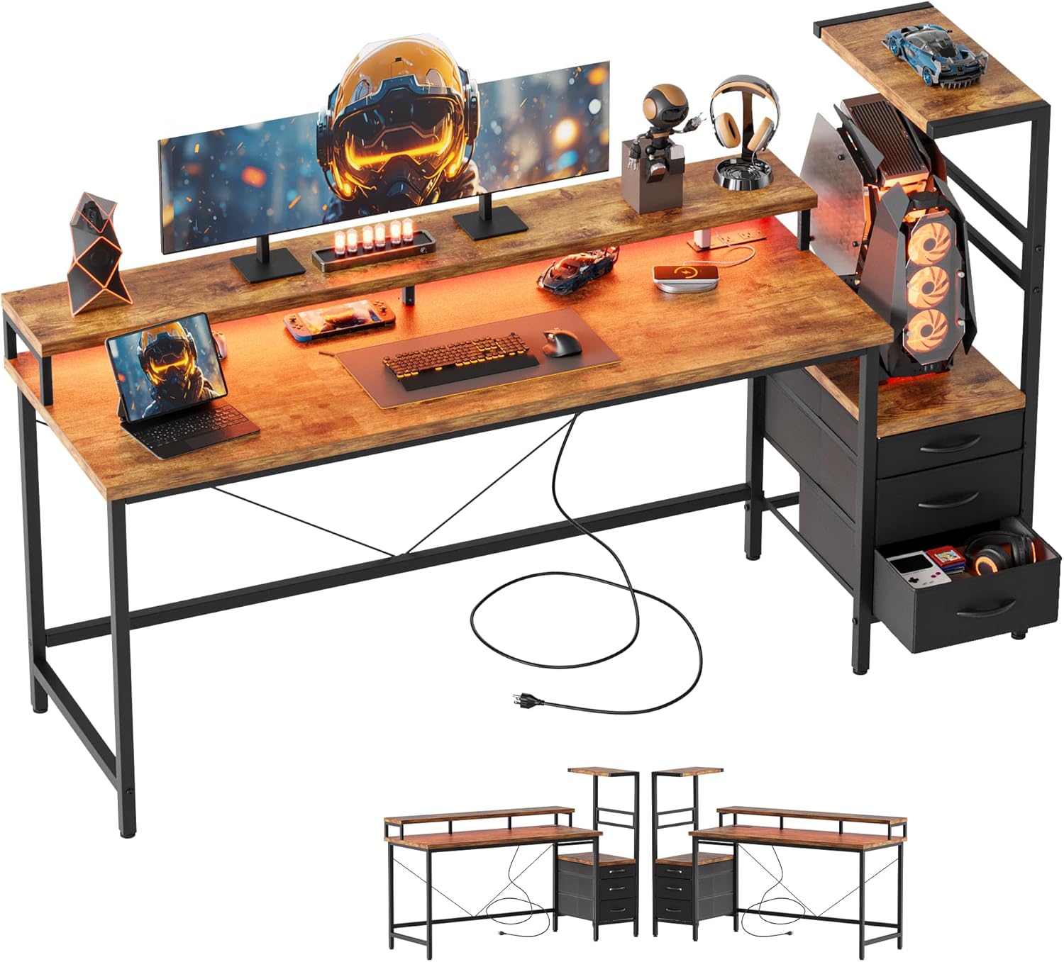 Mericonia Gaming Desk with Storage and LED Lights for Gamers